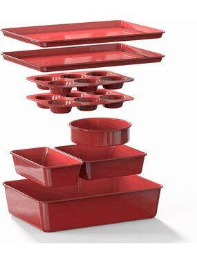 8-Piece Red Ceramic-Coated Nonstick Baking Pan Set with Baking Sheets Loaf Pan